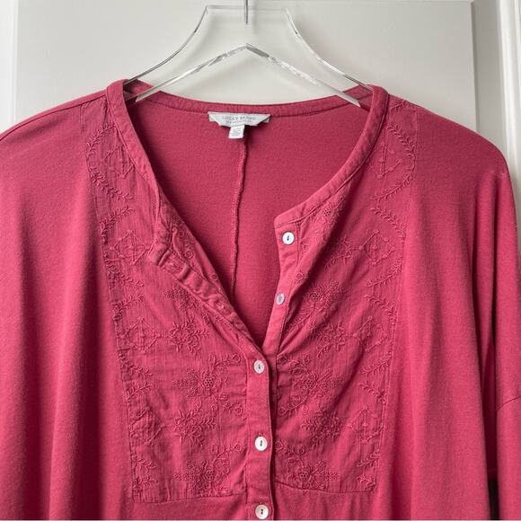 Lucky Brand Red Blouse Eyelet Button Henley Flowy Large - Picture 2 of 13